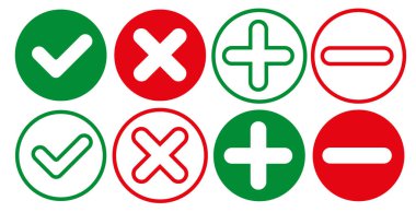 Doğrulama ya da reddetme işaretleri. Keneler ve haçlar, artı ve eksilerin yanı sıra. EPS 10.