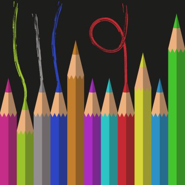 Düzen - logo. Siyah arka planda renkli kalemler. Okula dönelim. EPS 10.