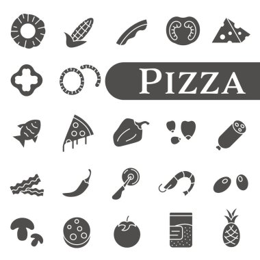 Pizzacı ikonları. Hızlı öğle yemeği ya da akşam yemeği koyu simgeler. Lezzetli İtalyan yemekleri. Pizza malzemeleri. EPS 10.