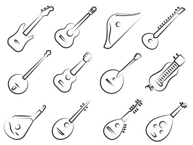 Bir dizi müzik enstrümanı. İnce bir çizgi üzerinde başlığı olan bir dizi telli enstrüman. EPS 10.