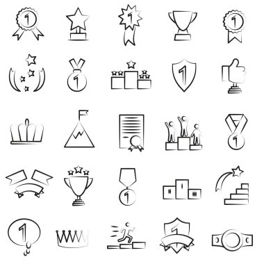 Ödül çizgisi simgeleri. Kazanan madalyası. Zafer kupası ve ödül. Başarılar, doğrusal simge seti.