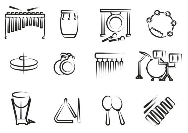 İnce perküsyon müzik aletleri seti. Perküsyon aletlerinin bir adı var. EPS 10.