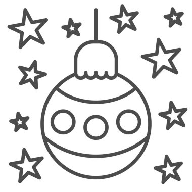 Noel ağacı süslemeleri. Noel ağacı süslemeleri ince çizgide. Noel balosunun etrafında yıldızlar. EPS 10.