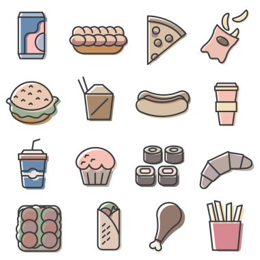 Fast food ve içecekler. Çeşitli fast food ikonları. Fast food ikonları hazır. EPS 10.