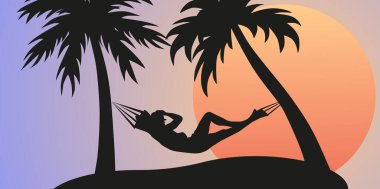 Hamakta dinlen. Merhaba yaz. Denizde gün batımı. Tropikal rahatlama. EPS 10.