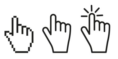 El şeklinde üç tane bilgisayar oku koleksiyonu var. Ok araçları, bilgisayar arayüzü düğmesi. EPS 10.