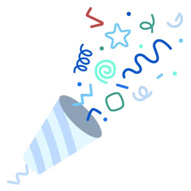 Mavi çizgi film patlayıcı konfeti. Havai fişek desenli kurdele. Doğum günü sürprizi. EPS 10.