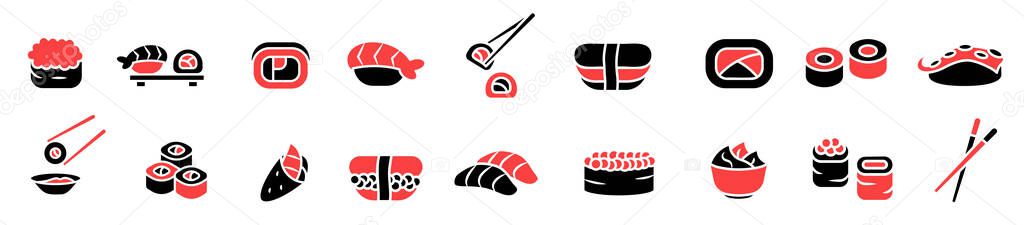 Illustrations of Japanese cuisine. Dark icons with red accents. Set of delicious sushi. EPS 10.