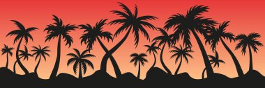 Yaz manzarası. Deniz ve sahil. Tropik günbatımı manzarası. Palmiye ağaçları siluetleri. EPS 10.