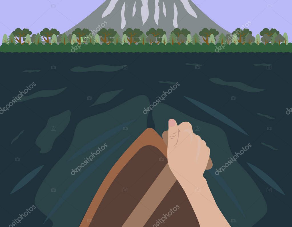 Cartoon background, swimmer kayaking on sea waves. Extreme water sports. EPS 10.