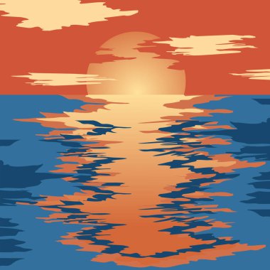 Soyut deniz batımı. Okyanusun üzerinde minimalist bir tarzda gün batımının soyut bir çizimi. EPS 10.