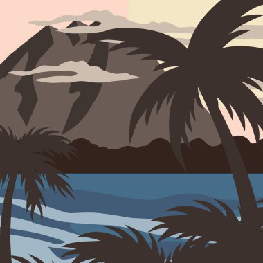 Soyut yaz tatili geçmişi. Denizde gün batımı. Adadaki palmiye ağaçları. Tropik tatil. EPS 10.