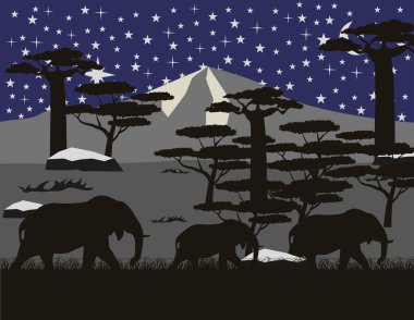Gece safarisi illüstrasyonu. Afrika doğasının arka planında fillerin siluetleri. Gece doğa safarisi. EPS 10.