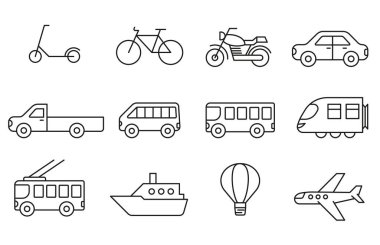 Değişik taşıma türlerinin simgeleri. Doğrusal olarak taşıma simgeleri kümesi. EPS 10.