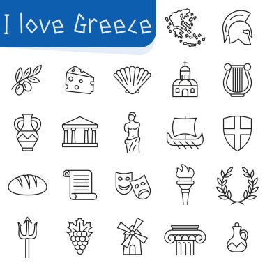 Yunanistan 'ın sembolleri. Yunanistan 'ın geleneksel ve kültürel sembollerini tasvir eden bir dizi ikon. EPS 10.