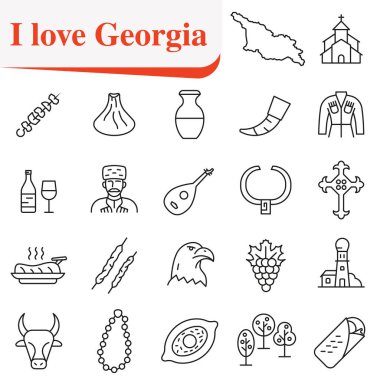 Gürcistan 'ın sembol ve geleneklerini gösteren ikonlar. Reklam için uygun, rehber kitaplar. EPS 10.