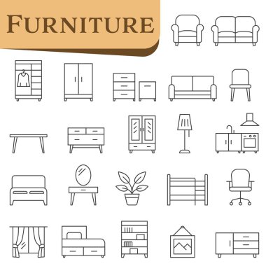 Mobilya ikonları ve ev tasarımı seti. Mobilyalar ve iç malzemeler. EPS 10.