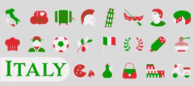 İtalya 'nın kültürünü, geleneklerini ve gastronomik mirasını sembolize eden renkli ikonlar. EPS 10.