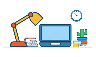 Not defteri ve saat çizgi film stili tasarımı olan dizüstü bilgisayar seti eğitim tasarımı için iyidir..