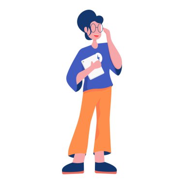 Beyaz arka planda tablet tutan, gözlüklü, düz dizayn kadın sekreterinin illüstrasyon vektörü