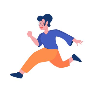 Düz tasarım çizimi, gözlüklü bir kadın sekreter, genç bir kız gibi koşuyor.