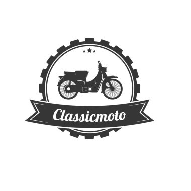 Retro or Vintage Motosiklet Amblem Logosu Premium Şablonu, klasik motosiklet, sinek, ateş ve kanat ögesi, tek renkli logo rozeti siyah ve beyaz