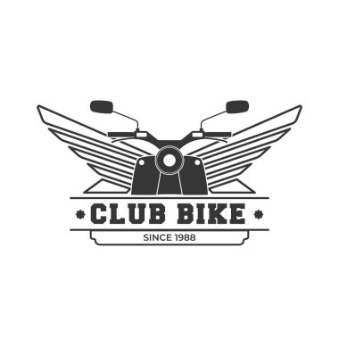 Retro or Vintage Motosiklet Amblem Logosu Premium Şablonu, klasik motosiklet, sinek, ateş ve kanat ögesi, tek renkli logo rozeti siyah ve beyaz