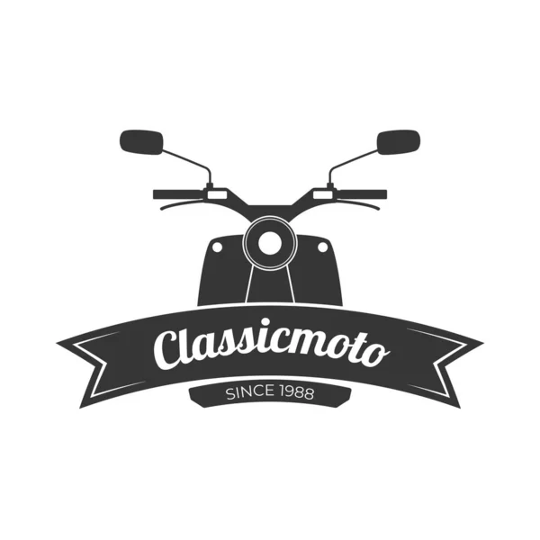 Retro or Vintage Motosiklet Amblem Logosu Premium Şablonu, klasik motosiklet, sinek, ateş ve kanat ögesi, tek renkli logo rozeti siyah ve beyaz