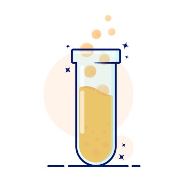 Test tüpü laboratuvar şişesi bilim bilimi şirin çizgi film illüstrasyonu, yüzen baloncuklu mavi büyü, bilimsel grafik kaynak için iyi, çocuklar dostane ve beyaz renklerle izole edilmiş çalışma