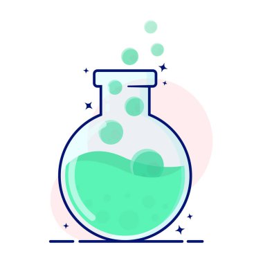 Çember Erlenmayer şişe laboratuvar bilim sevimli karikatür illüstrasyon, yüzen baloncuklu mavi büyü, bilim grafik kaynakları için iyi, çocuklar dost ve beyaz renkli izole çalışma