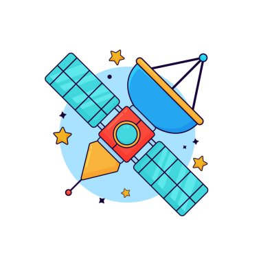 Yıldız süsleme yörüngesi, mutlu titreşimler, çocuk dostu, çizgi film tarzı tasarımı, izole edilmiş beyaz arkaplan ile uydu şirin tasarım illüstrasyon grafiği.