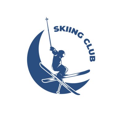 Winter Sports logosu eski moda tasarım stili, Kayak Kulübü etiketi, Snowboard logosu, hokey logosu, siyah beyaz renk, mavi beyaz renk, Vintage kaşif rozeti. Açık hava macera logosu tasarımı.