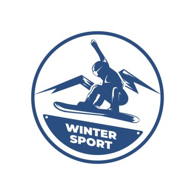 Winter Sports logosu eski moda tasarım stili, Kayak Kulübü etiketi, Snowboard logosu, hokey logosu, siyah beyaz renk, mavi beyaz renk, Vintage kaşif rozeti. Açık hava macera logosu tasarımı.
