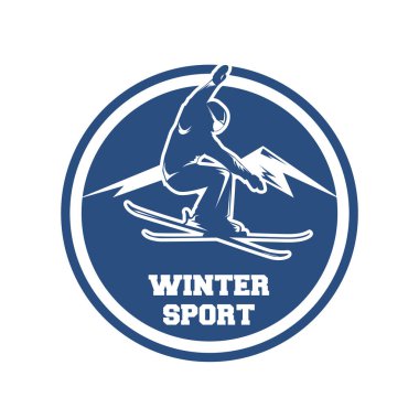 Winter Sports logosu eski moda tasarım stili, Kayak Kulübü etiketi, Snowboard logosu, hokey logosu, siyah beyaz renk, mavi beyaz renk, Vintage kaşif rozeti. Açık hava macera logosu tasarımı.