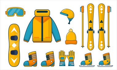 Kayak ve snowboard takımlarının çizim vektörü grafiği yeşil ve sarı renk seti, düz tasarım çizim karikatür tasarımı, snowboard, kayak, kış takımı, kış sporu ikonu