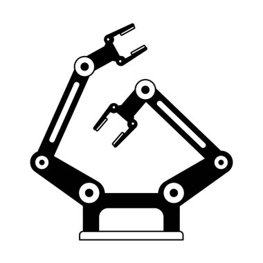 Endüstriyel robotik kol üretim otomasyon teknolojisi, fabrika montaj robotu makinesi, siyah beyaz.