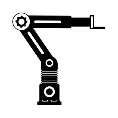 Endüstriyel robotik kol üretim otomasyon teknolojisi, fabrika montaj robotu makinesi, siyah beyaz.