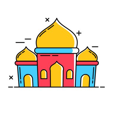 Resim, altın kubbesi, kırmızı ve mavi duvarları ve minimalist çizgi sanatının detaylarıyla biçimlendirilmiş bir camii gösteriyor..
