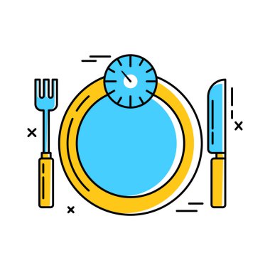 Ramazan ayında oruç tutan (sawm) saatli bir tabağın bu çizimi. Şafak öncesi yemeği ve iftarı sembolize eder, bunlar Ramazan ayındaki önemli anlardır..