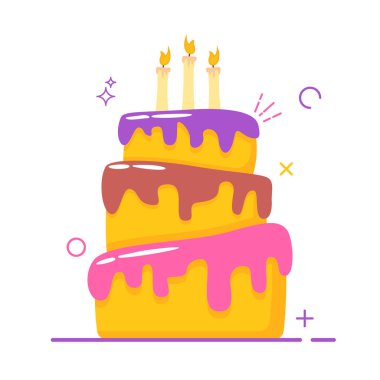 Bu, mor, kahverengi ve pembe renkli kremalı üç katlı bir doğum günü pastasının düz stil çizimi.