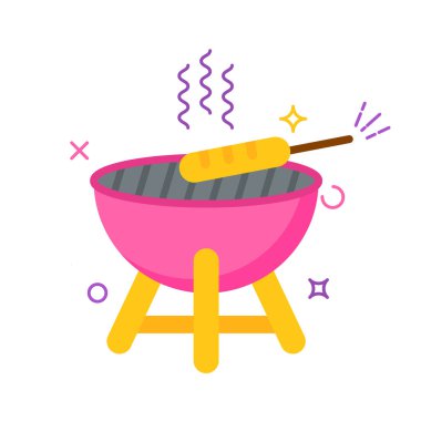 Görüntü bir barbekü ızgarasının karikatür çizimini gösteriyor. Izgara pembe ve kase şeklinde, dört sarı bacakla destekleniyor..