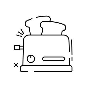 Görüntü kırmızı bir tost makinesinin karikatür çizimini gösteriyor. İki dilim kızarmış ekmek fırlıyor..