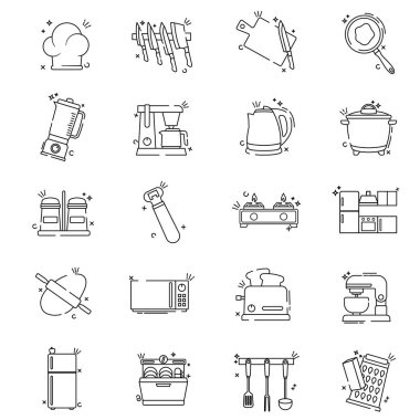 Mutfak çizgi film stili ikonlar, hepsi yemek pişirme ve mutfak malzemeleriyle ilgili..