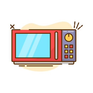 Görüntü, bir mikrodalga fırının karikatür çizimini gösteriyor. Mikrodalganın kırmızı bir gövdesi ve daha açık kırmızı bir kapısı var.