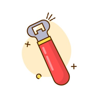 Görüntü bir şişe açacağının karikatür çizimini gösteriyor. Şişe açacağının üst tarafında sarı şerit olan kırmızı bir sapı var..