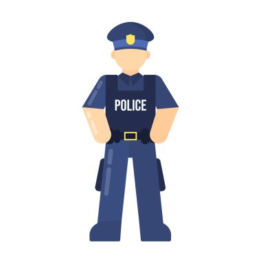 Görüntü, koyu mavi üniformalı ve rozetli bir polis memurunun düz bir şekilde resmedilmiş görüntüsünü içeriyor.