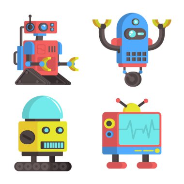 Görüntü, eşsiz tasarımları olan dört renkli çizgi film stili robotu içeriyor. Her robot farklı bir görünüme sahiptir, çeşitli mekanik elementler içerir..