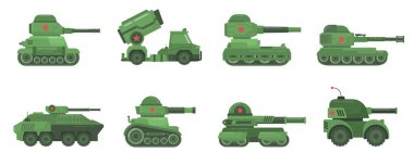 Görüntü, düz ve minimalist tarzda gösterilmiş çeşitli tank ve zırhlı araçlar içeren bir dizi askeri araç içeriyor..