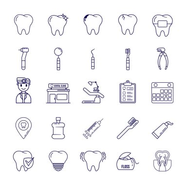Diş, diş aletleri, diş hekimi, klinik ve hijyen ürünleri içeren bir dizi diş bakım ikonunun minimalist bir taslak ikonu. Tıbbi, sağlık ve dişçilikle ilgili tasarımlar için ideal