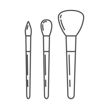 Büyük bir toz fırçası, karıştırıcı fırça ve hassas bir fırça da dahil olmak üzere üç makyaj fırçasının minimalist çizgi sanatı çizimi. Güzellik, kozmetik ve ciltle ilgili projeler için ideal.